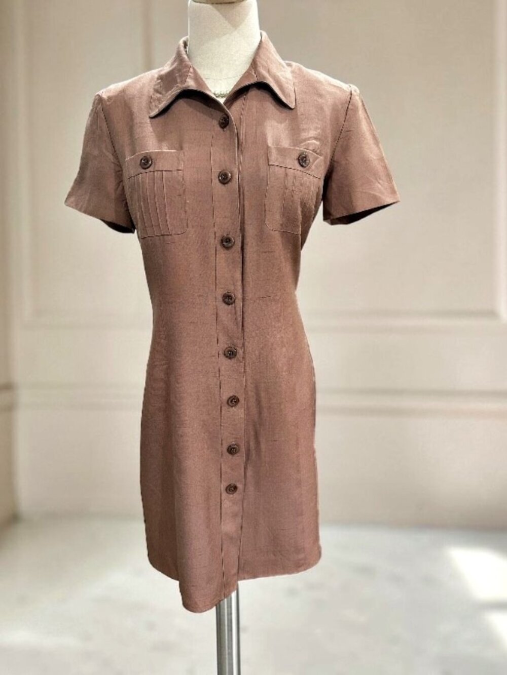 Vintage 90s Papell Petites 10P Brown 100% Silk Safari Shirt Dress Shoulder Pads